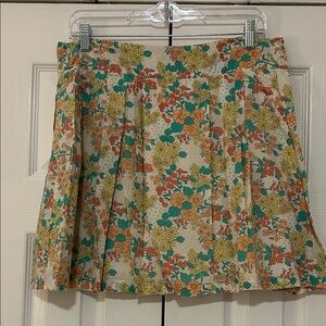 Frenchi Cream Floral Pleated Skirt with Teal & Orange Accents